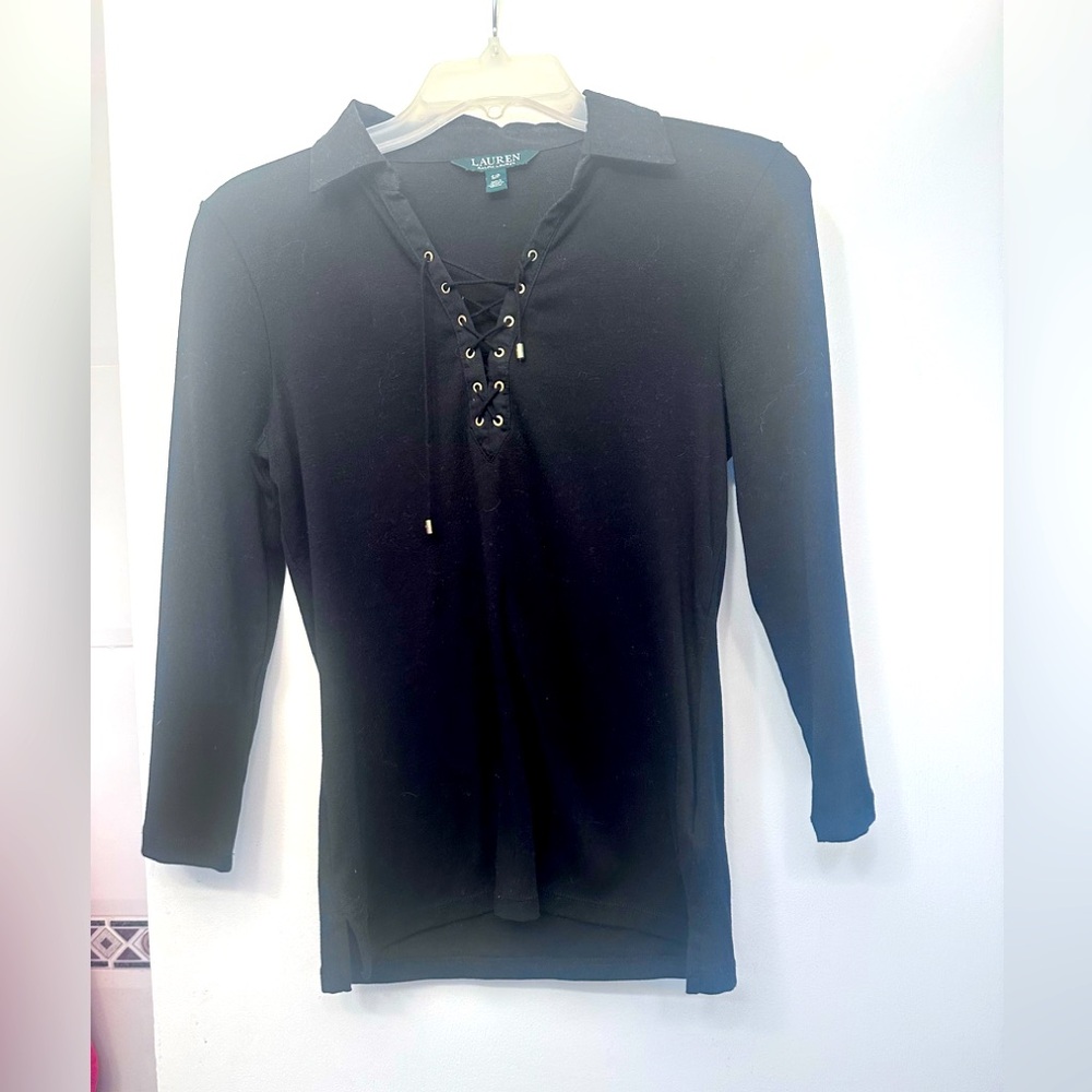 NWOT Ralph Lauren black pullover lace up v neck
